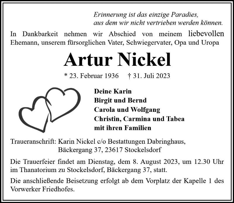 Erinnerungsbild für Artur Nickel