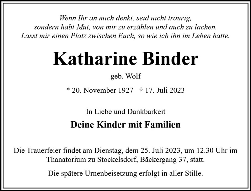 Erinnerungsbild für Katharine Binder